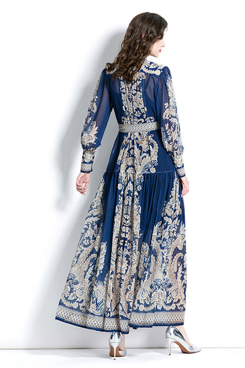 Bright & Elegant Paisley Pattern Long Puff Sleeve, Mock Neck, Belted, Women Long Modest Holiday, Party, Evening, Festive Maxi Dress - Navy